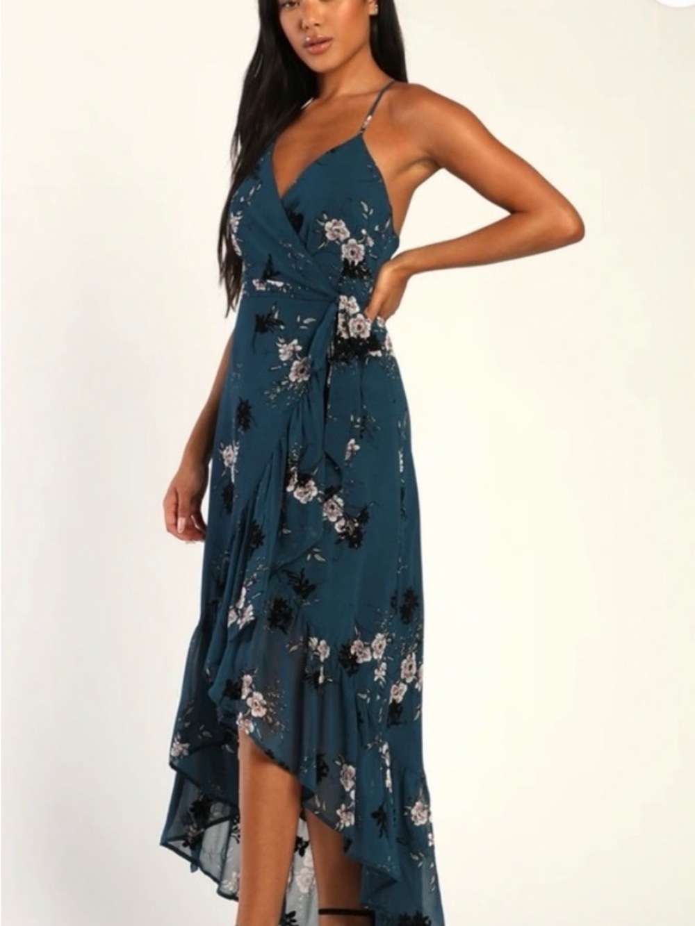 NWT Lulus high low Teal Floral Wrap Dress with crisscross back Spaghetti Straps
